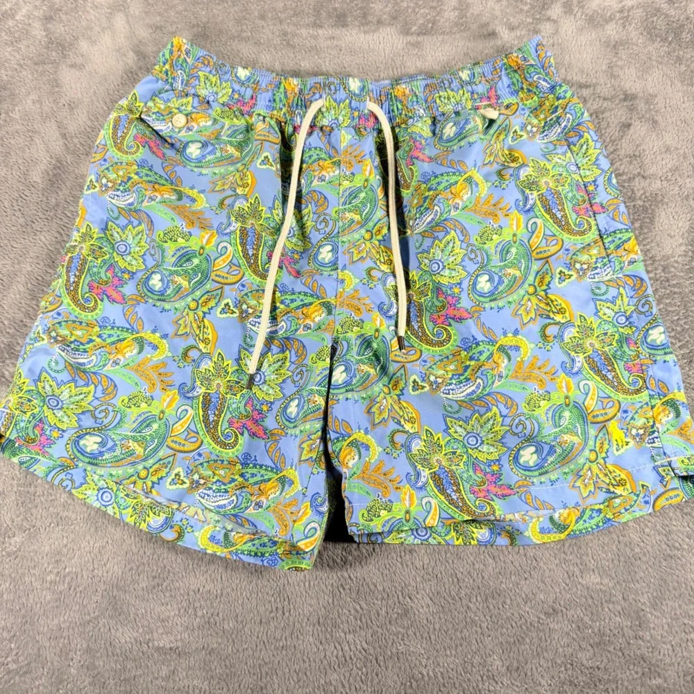 Polo Ralph Lauren Mens Paisley Swim Trunks Blue Green Yellow Medium 5.5 Inseam‎